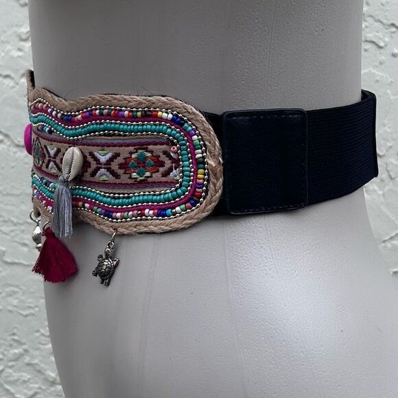 NWOT Boho Ethnic Fashion Stretch Belt 25" Multicolor Beaded W/ Shell & Tassels - Picture 8 of 10